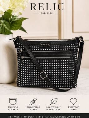 Relic Black & White Polka Dot. Crossbody Bag Adjustable Strap Multi Pocket.